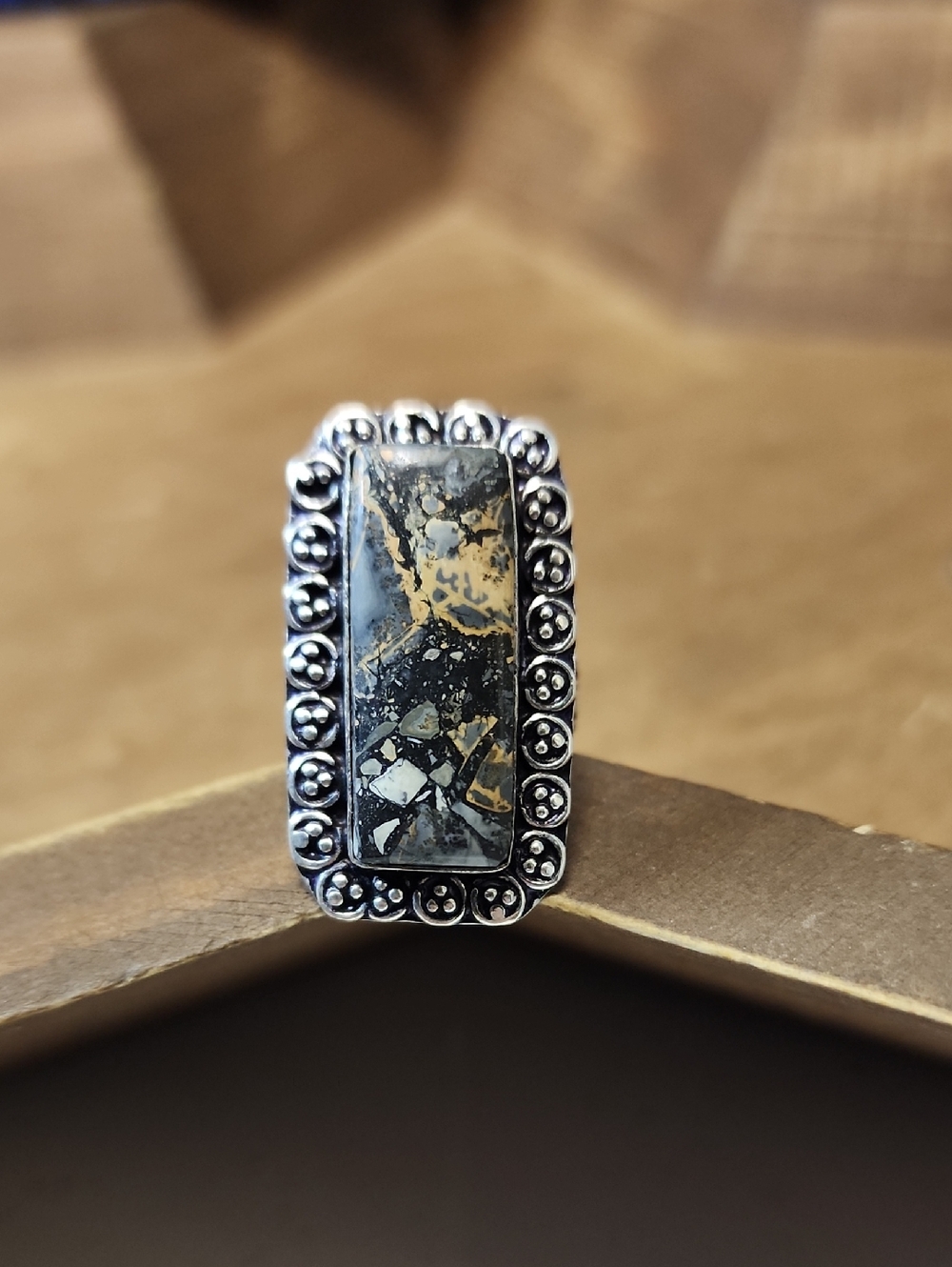 Rectangular Gray And Tan Stone Statement Ring